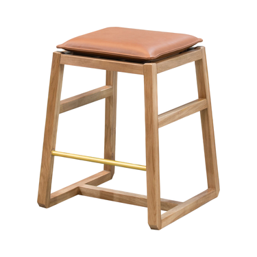 Wooden bar stool with a brown leather seat on a white background